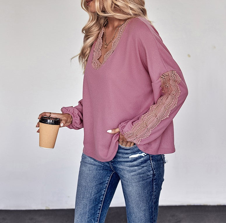 Crochet Trim Balloon Sleeve Blouse - Rosered - 4