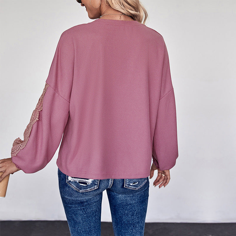 Crochet Trim Balloon Sleeve Blouse - Rosered - 5