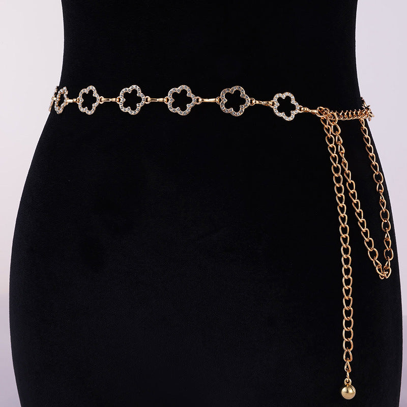 Rhinestone Link Waist Chain Belt - Flower-G