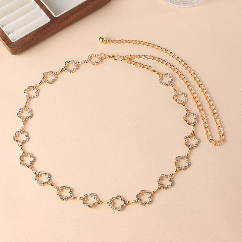 Rhinestone Link Waist Chain Belt - Flower-G - 1