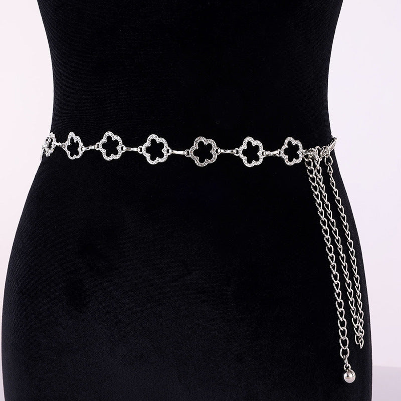 Rhinestone Link Waist Chain Belt - Flower-S