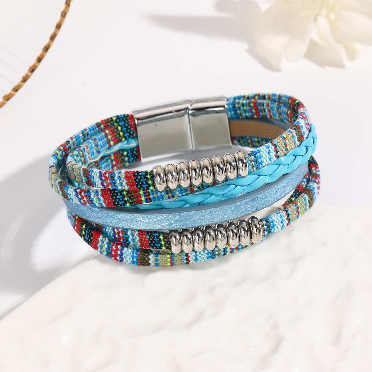 Ethnic Stripe Layered Wrap Cuff Bracelet - Sky-Blue
