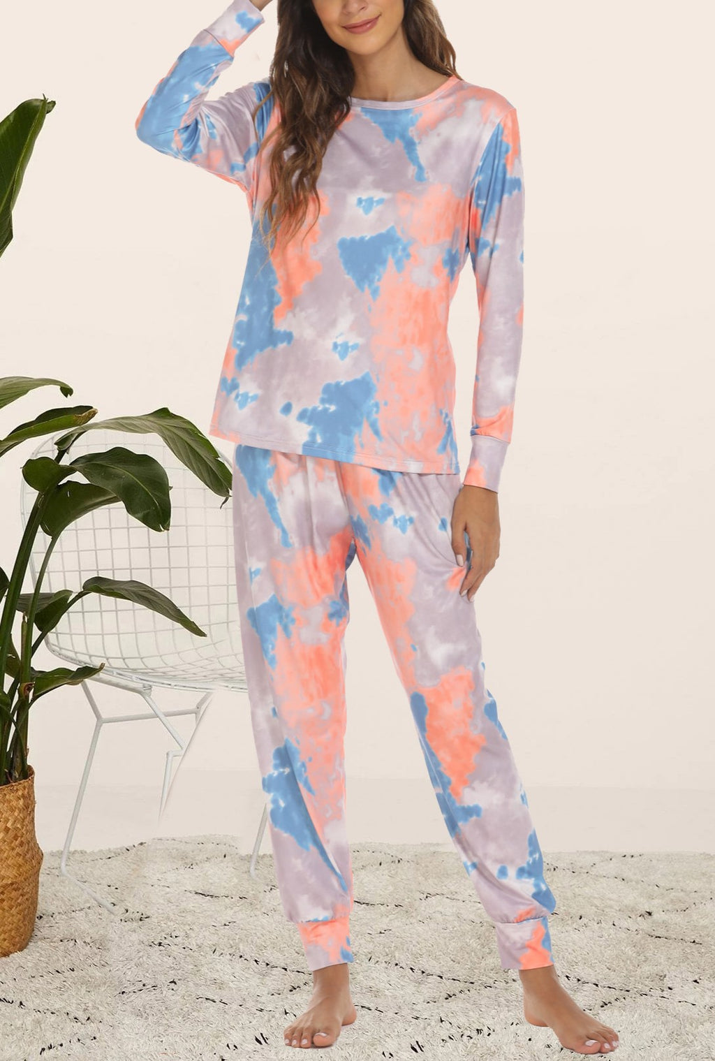 Holiday Print Long Sleeve Lounge Pajama Set - Orange
