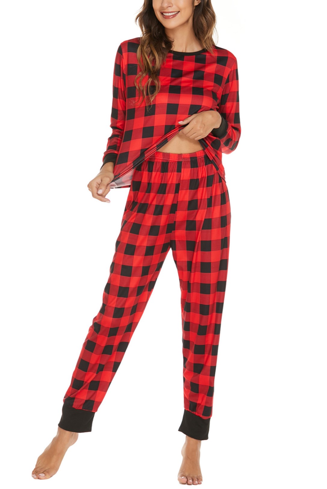 Holiday Print Long Sleeve Lounge Pajama Set - Plaid