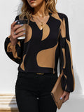 Geometric Print Split Neck Shirt - Black