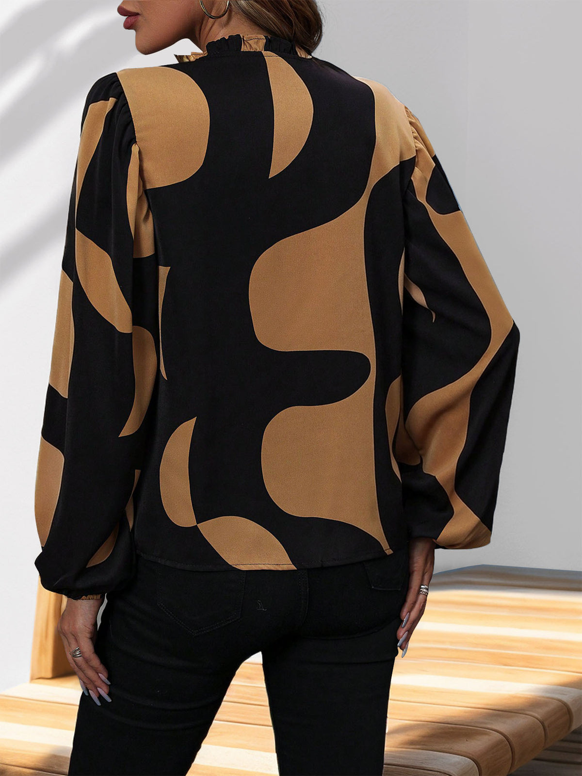 Geometric Print Split Neck Shirt - Black - 3