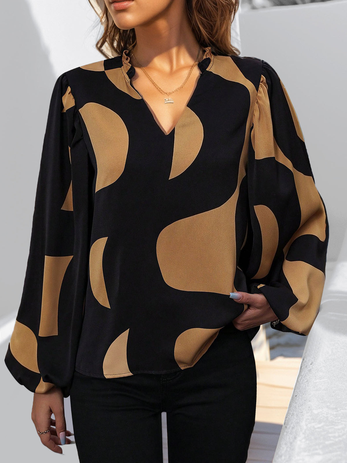 Geometric Print Split Neck Shirt - Black - 4