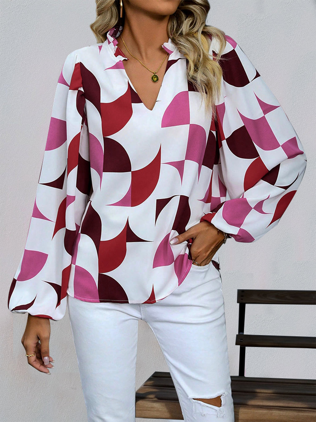 Geometric Print Split Neck Shirt - White