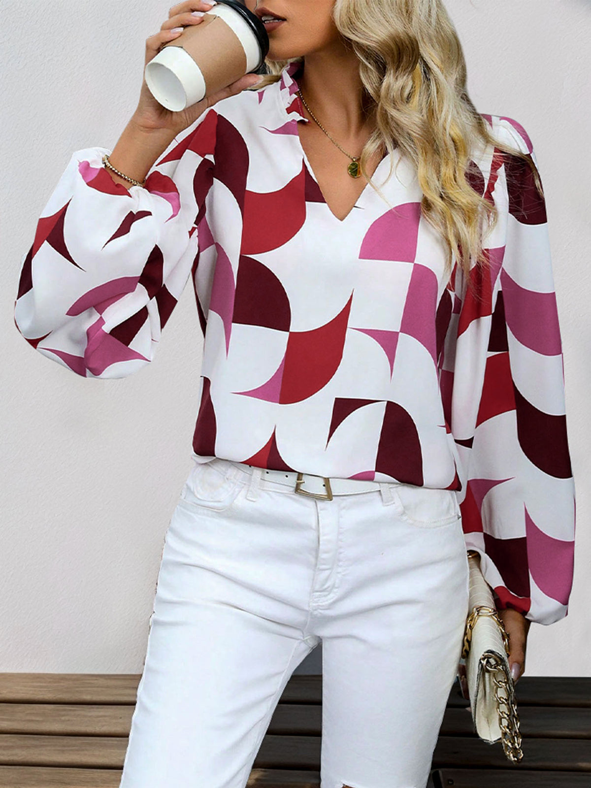 Geometric Print Split Neck Shirt - White - 1