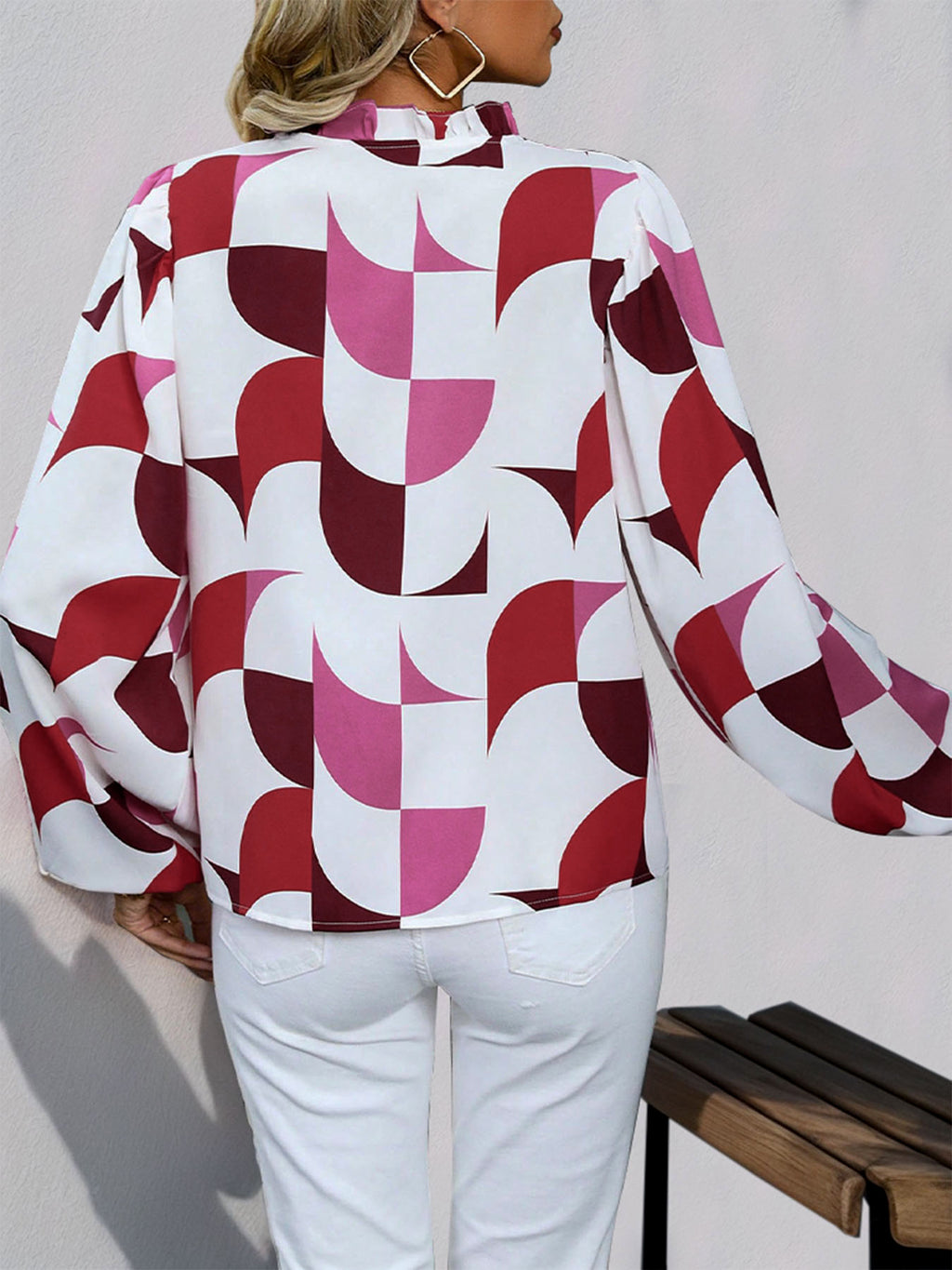 Geometric Print Split Neck Shirt - White - 2