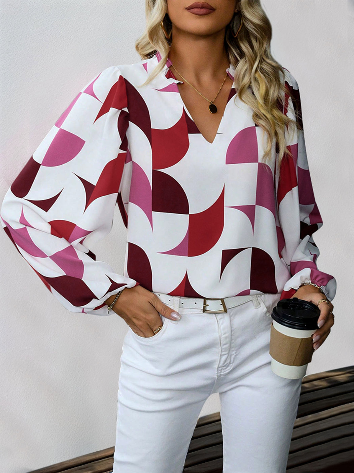 Geometric Print Split Neck Shirt - White - 3