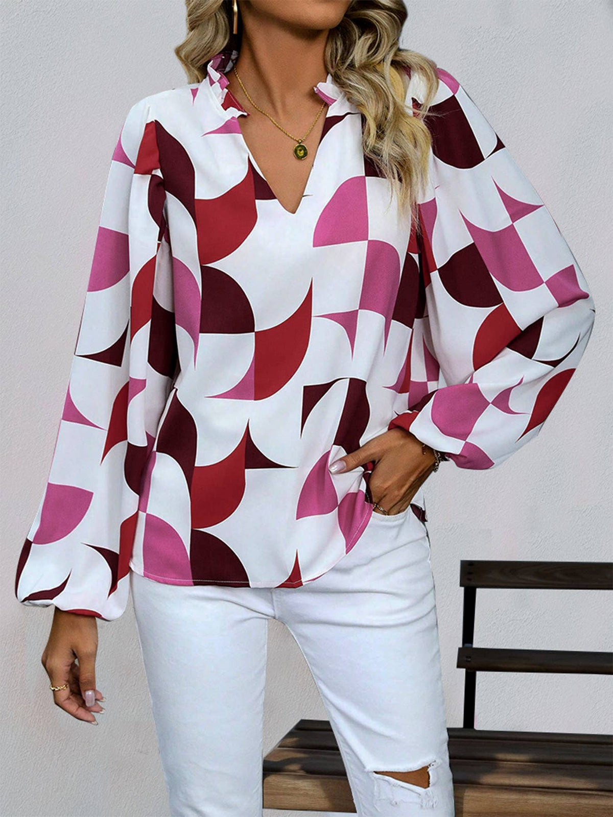 Geometric Print Split Neck Shirt