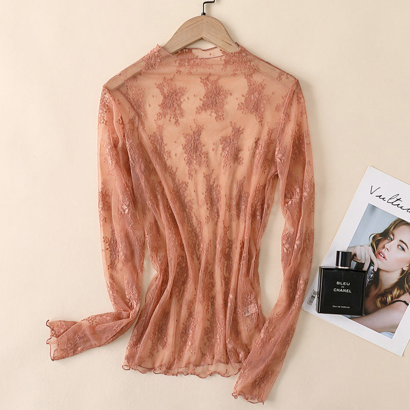 Sheer Floral Lace Mock Neck Top - caramel