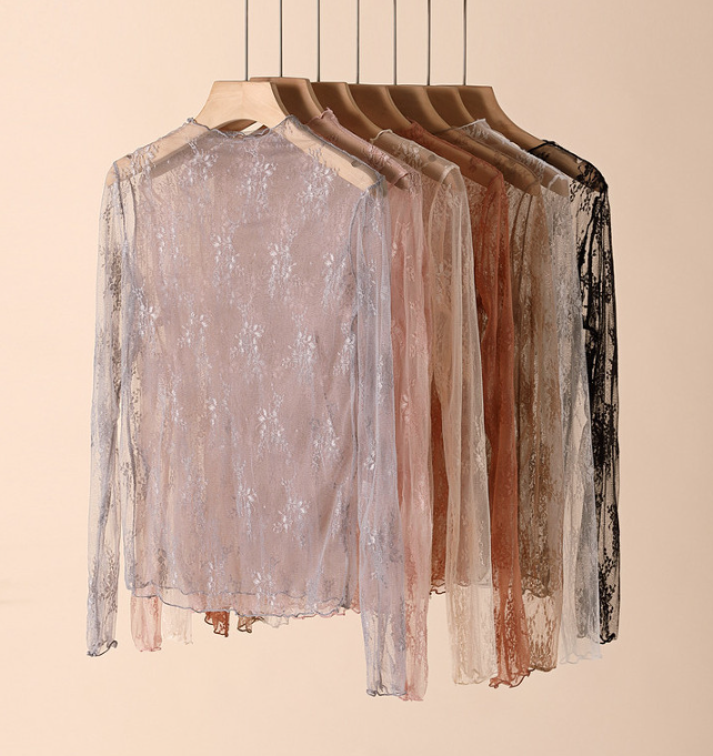 Sheer Floral Lace Mock Neck Top