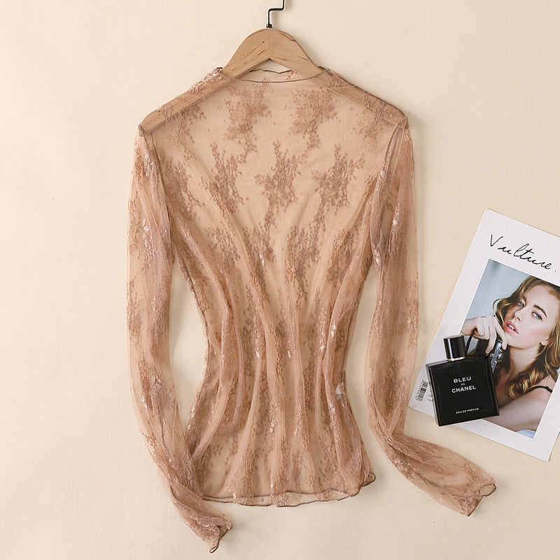 Sheer Floral Lace Mock Neck Top - nude