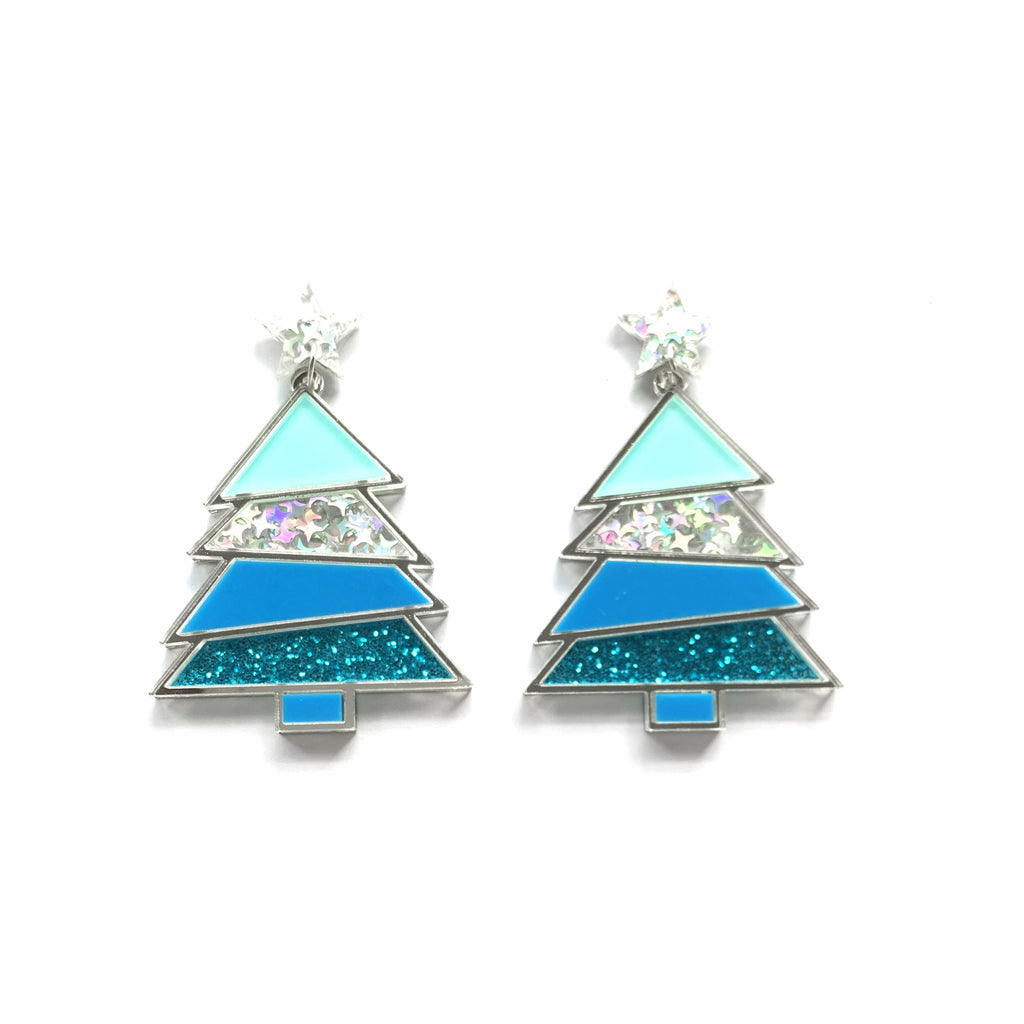 Glitter Christmas Tree Dangle Earrings - Blue