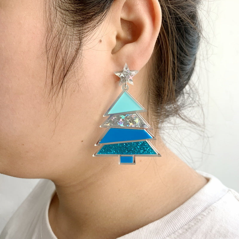 Glitter Christmas Tree Dangle Earrings - Blue - 1