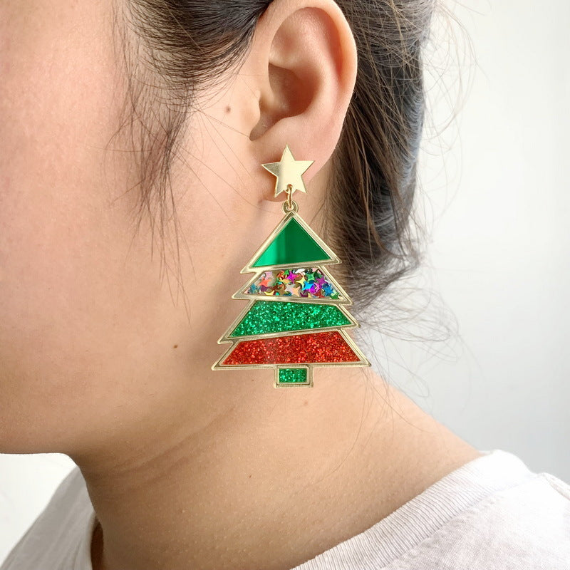 Glitter Christmas Tree Dangle Earrings - Green - 1