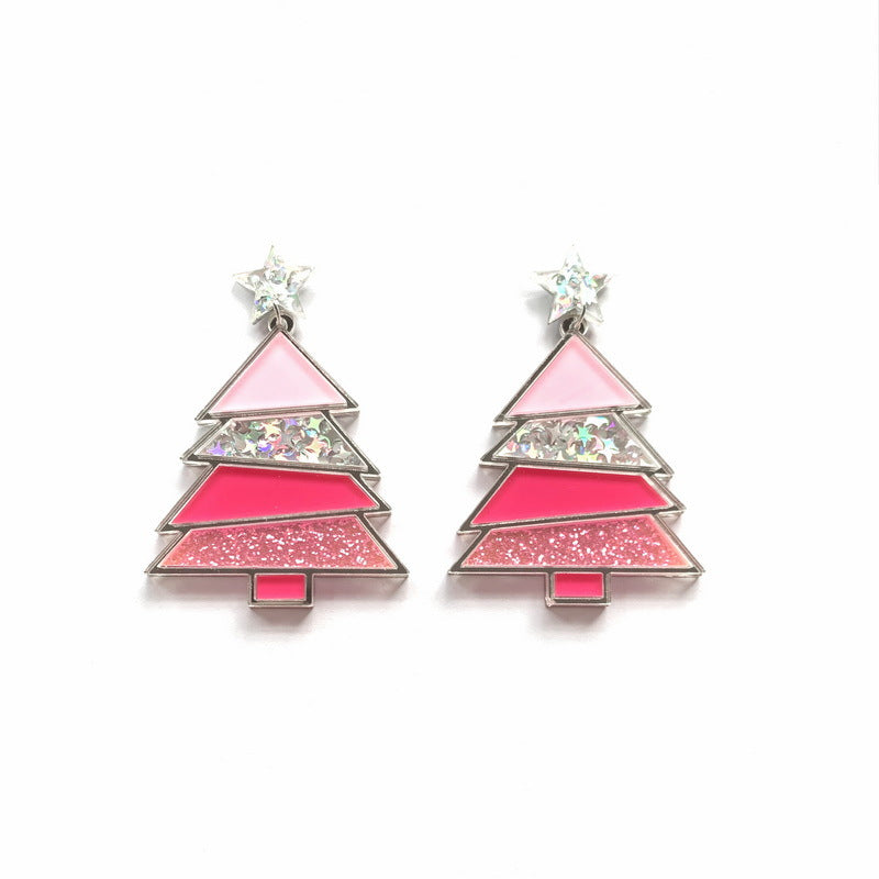 Glitter Christmas Tree Dangle Earrings - Pink