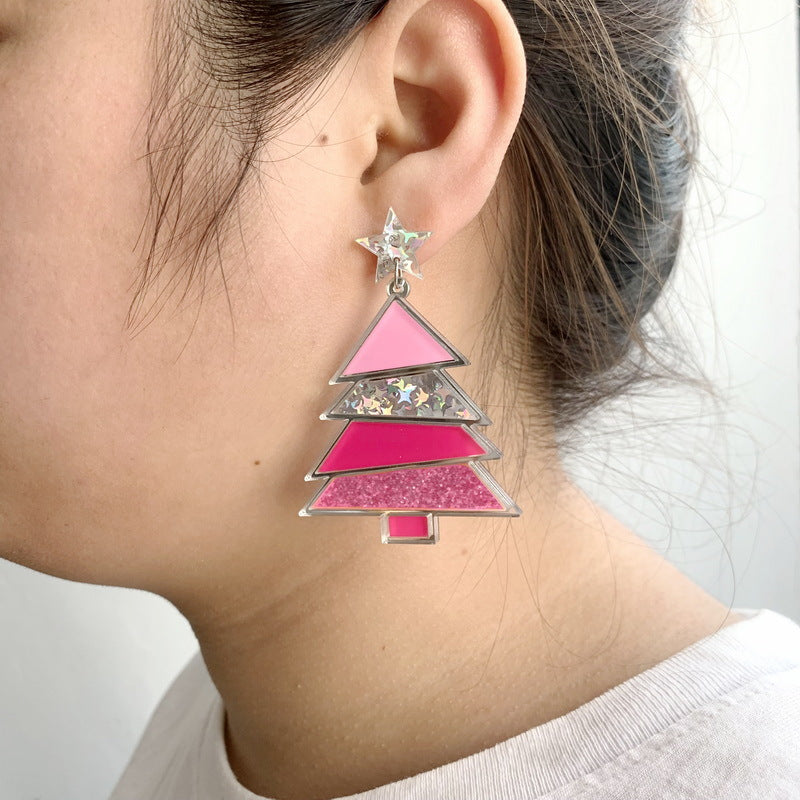 Glitter Christmas Tree Dangle Earrings - Pink - 1