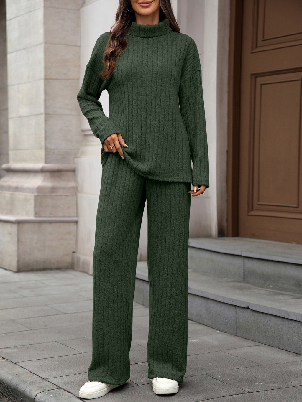 Cozy Ribbed Mock Neck Wide Leg Lounge Set - Green