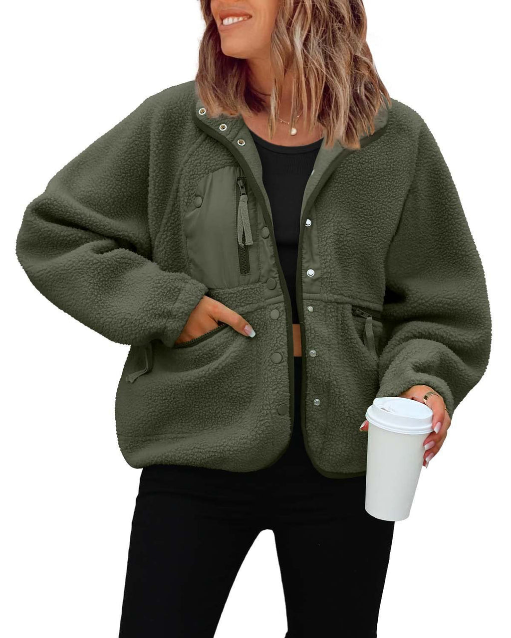Cozy Sherpa Fleece Snap Front Stand Collar Jacket - Army_Green