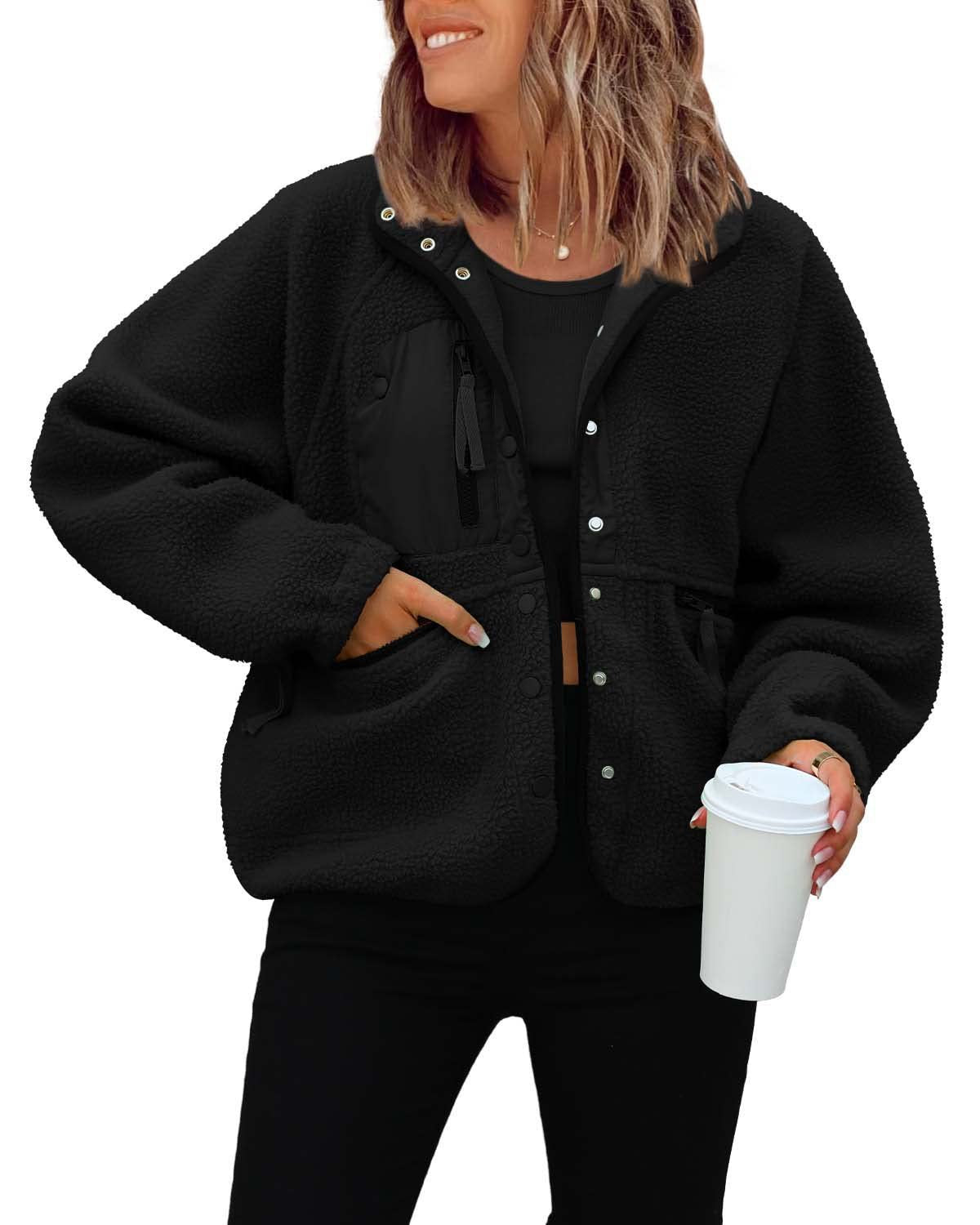 Cozy Sherpa Fleece Snap Front Stand Collar Jacket - Black