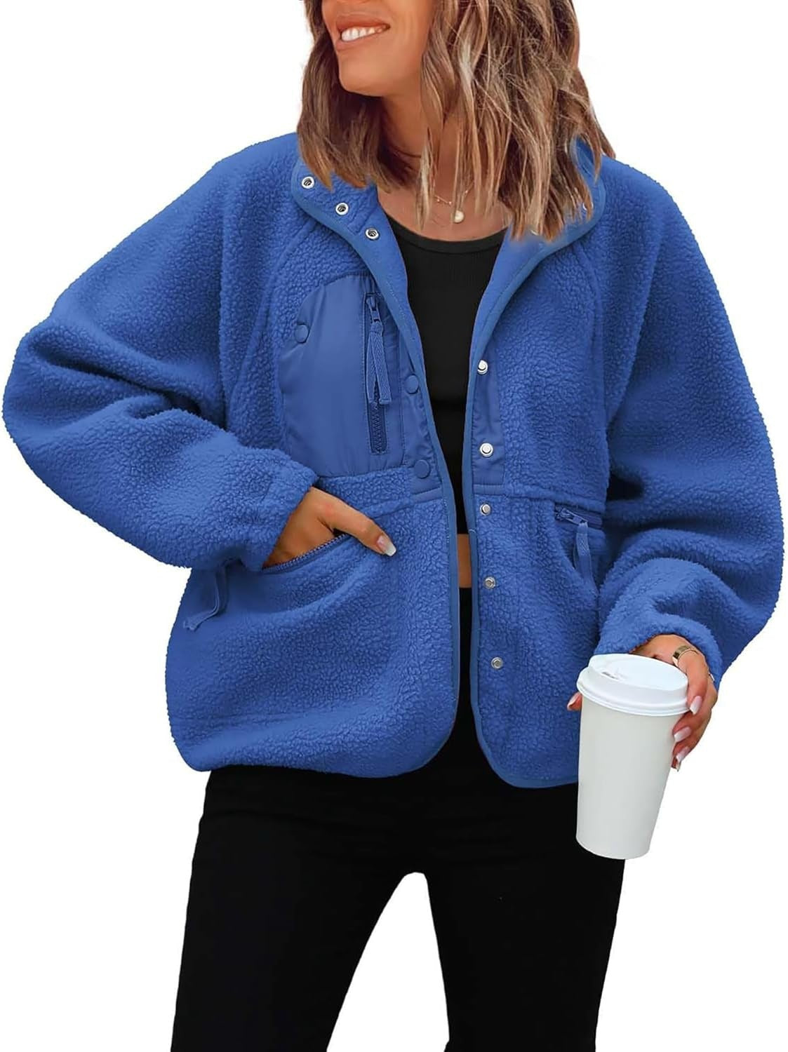 Cozy Sherpa Fleece Snap Front Stand Collar Jacket - Blue