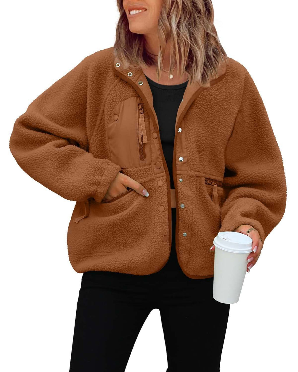 Cozy Sherpa Fleece Snap Front Stand Collar Jacket - Brown