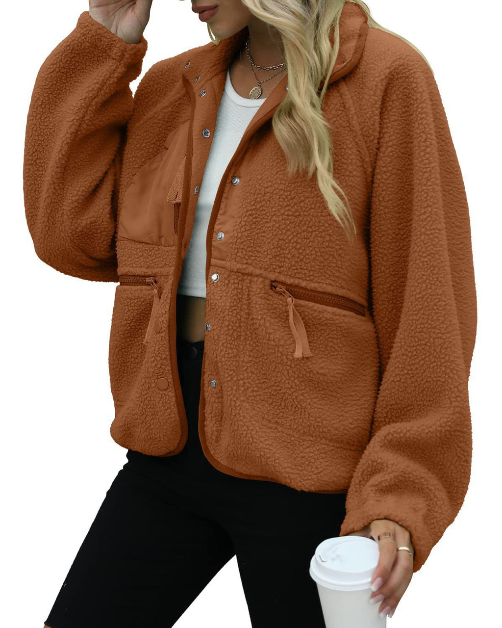 Cozy Sherpa Fleece Snap Front Stand Collar Jacket - Brown - 2