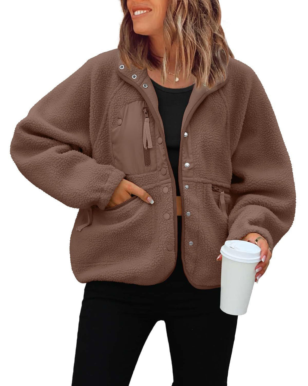 Cozy Sherpa Fleece Snap Front Stand Collar Jacket - Coffee