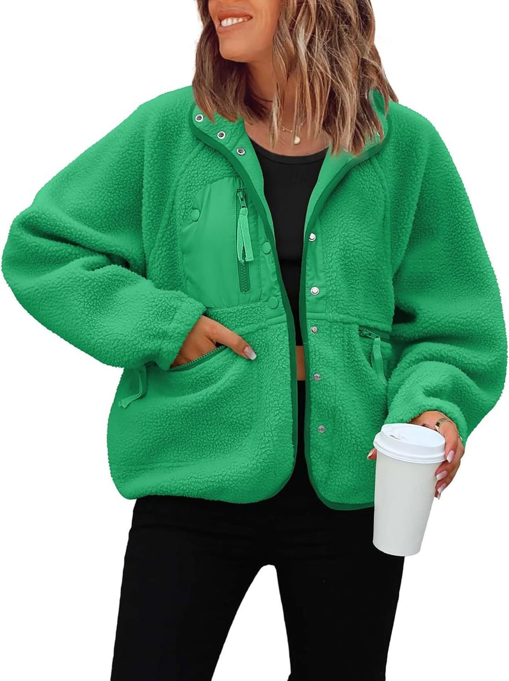 Cozy Sherpa Fleece Snap Front Stand Collar Jacket - Green