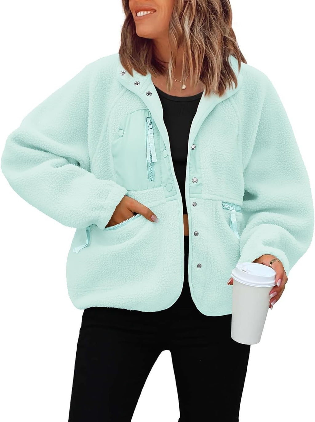 Cozy Sherpa Fleece Snap Front Stand Collar Jacket - Jade