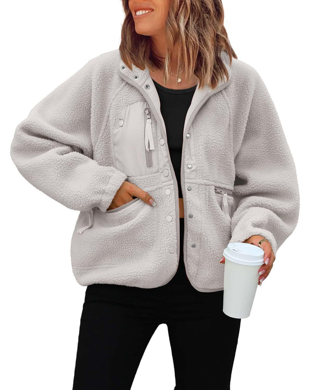 Cozy Sherpa Fleece Snap Front Stand Collar Jacket - Light_Grey