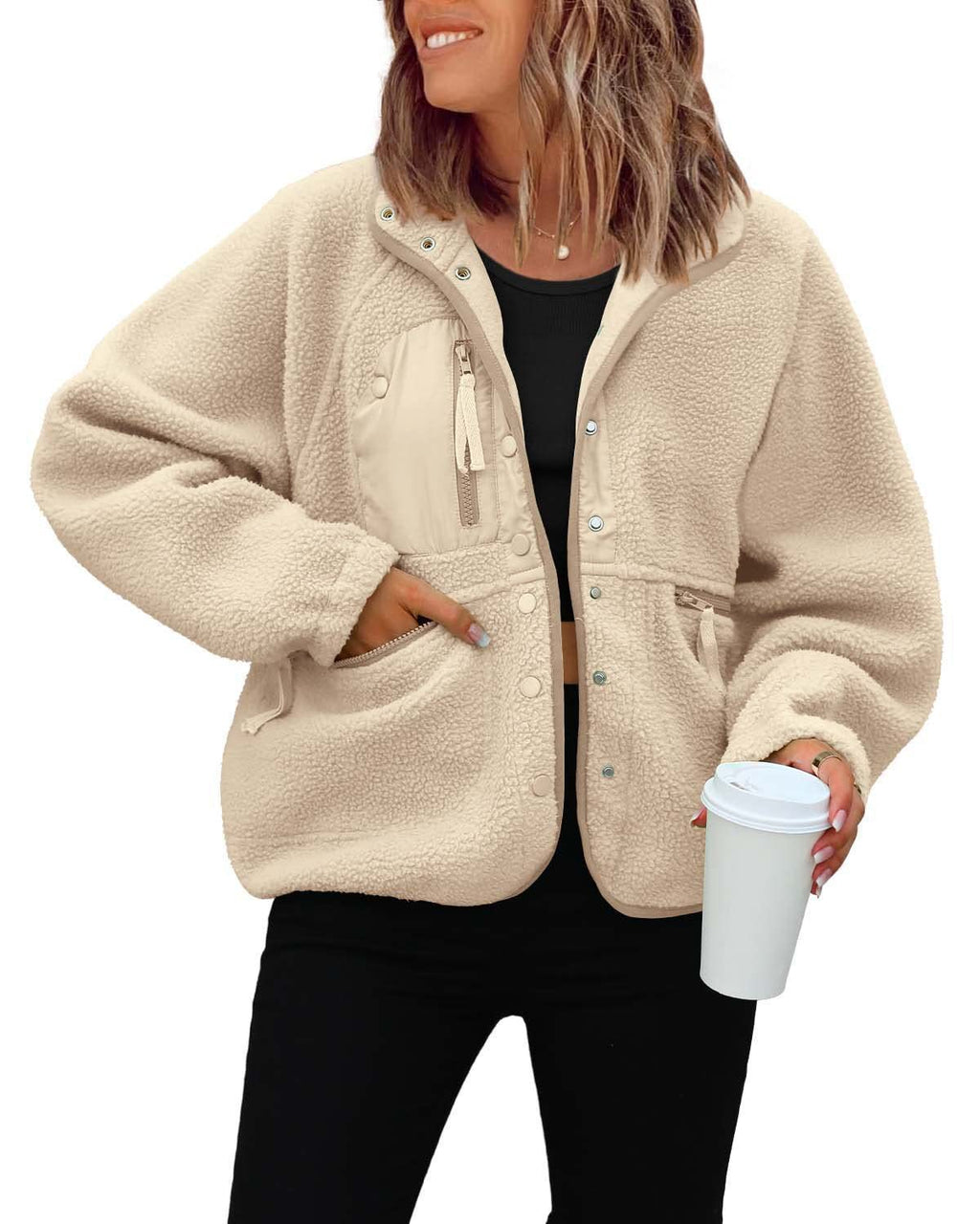 Cozy Sherpa Fleece Snap Front Stand Collar Jacket - Light_Khaki