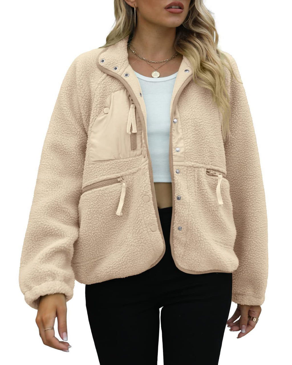 Cozy Sherpa Fleece Snap Front Stand Collar Jacket - Light_Khaki - 2
