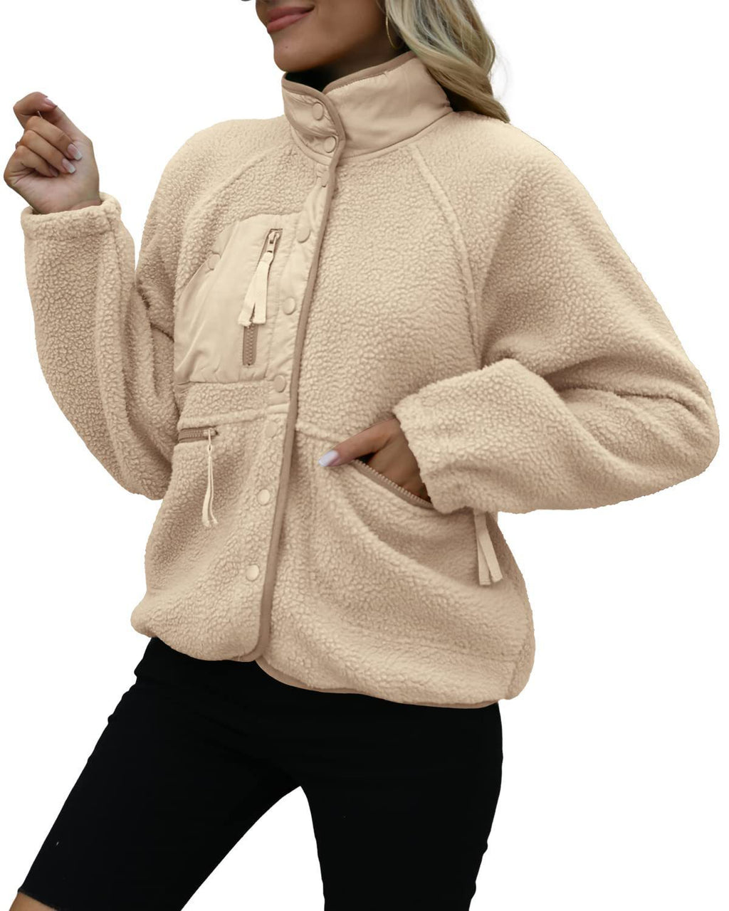 Cozy Sherpa Fleece Snap Front Stand Collar Jacket - Light_Khaki - 3
