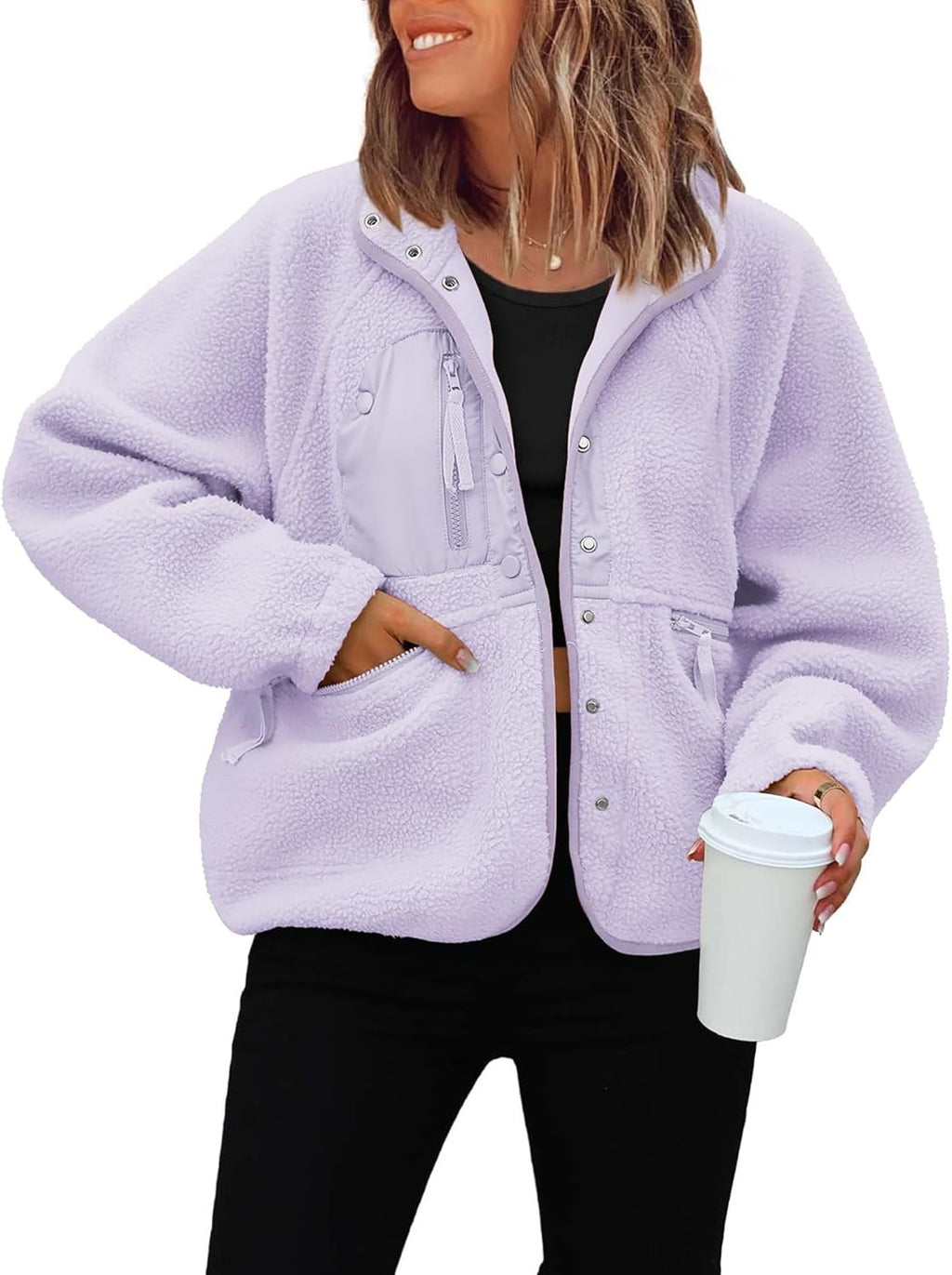 Cozy Sherpa Fleece Snap Front Stand Collar Jacket - Light_Purple