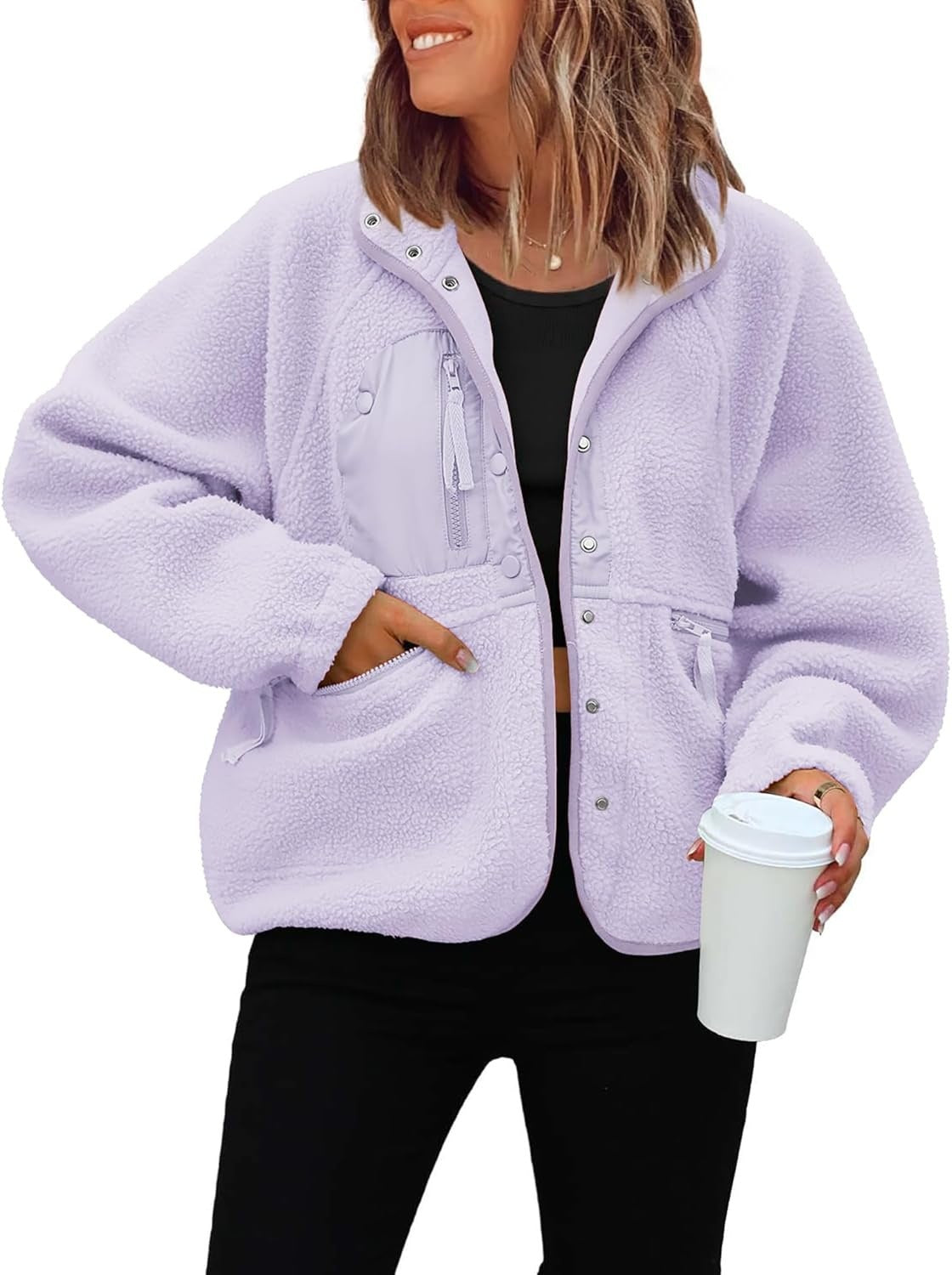 Cozy Sherpa Fleece Snap Front Stand Collar Jacket - Light_Purple