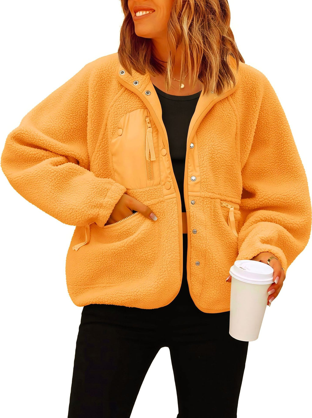 Cozy Sherpa Fleece Snap Front Stand Collar Jacket - Orange