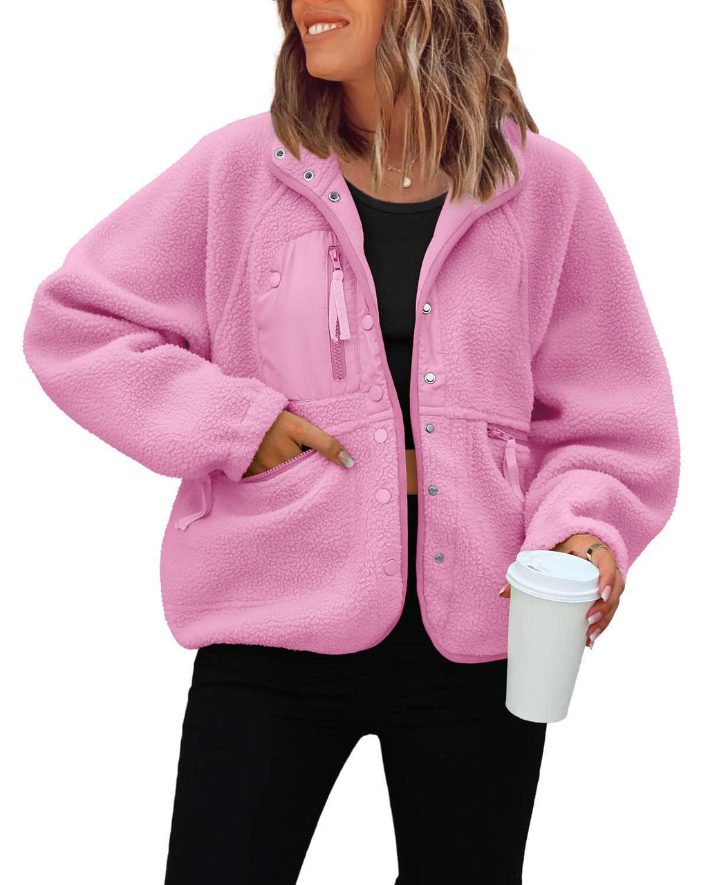 Cozy Sherpa Fleece Snap Front Stand Collar Jacket - Pink