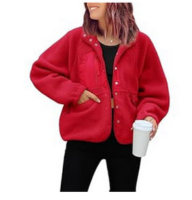 Cozy Sherpa Fleece Snap Front Stand Collar Jacket - Red