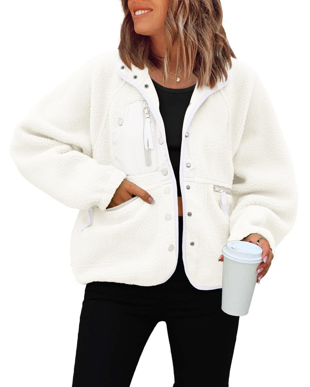 Cozy Sherpa Fleece Snap Front Stand Collar Jacket - White