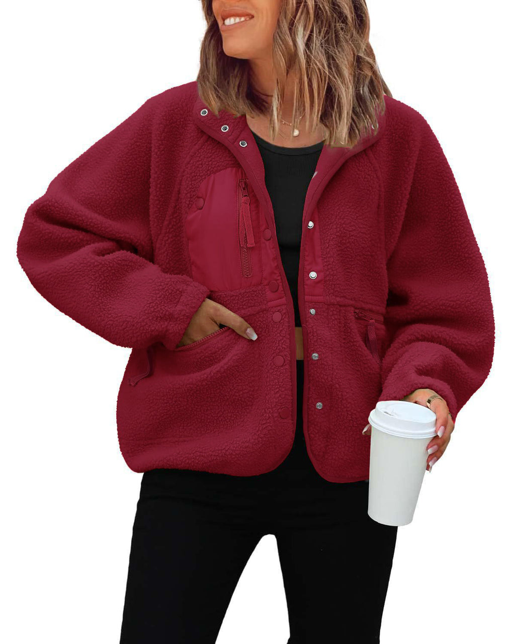 Cozy Sherpa Fleece Snap Front Stand Collar Jacket - Wine_Red