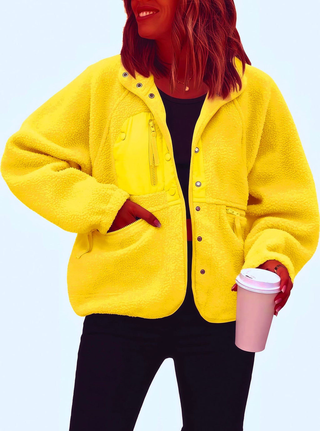 Cozy Sherpa Fleece Snap Front Stand Collar Jacket - Yellow