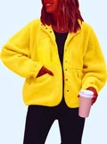 Cozy Sherpa Fleece Snap Front Stand Collar Jacket - Yellow