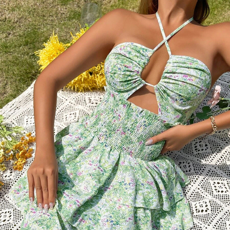 Halter Cutout Tiered Ruffle Mini Dress - Green - 1