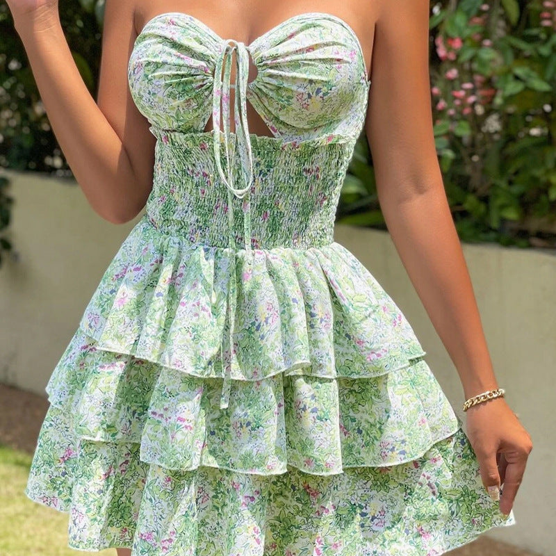 Halter Cutout Tiered Ruffle Mini Dress - Green - 5