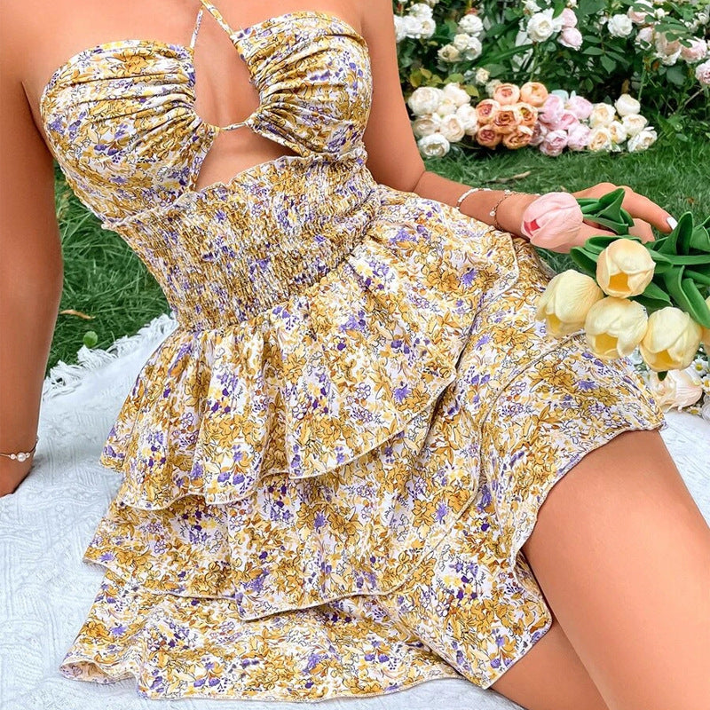 Halter Cutout Tiered Ruffle Mini Dress - Yellow - 5