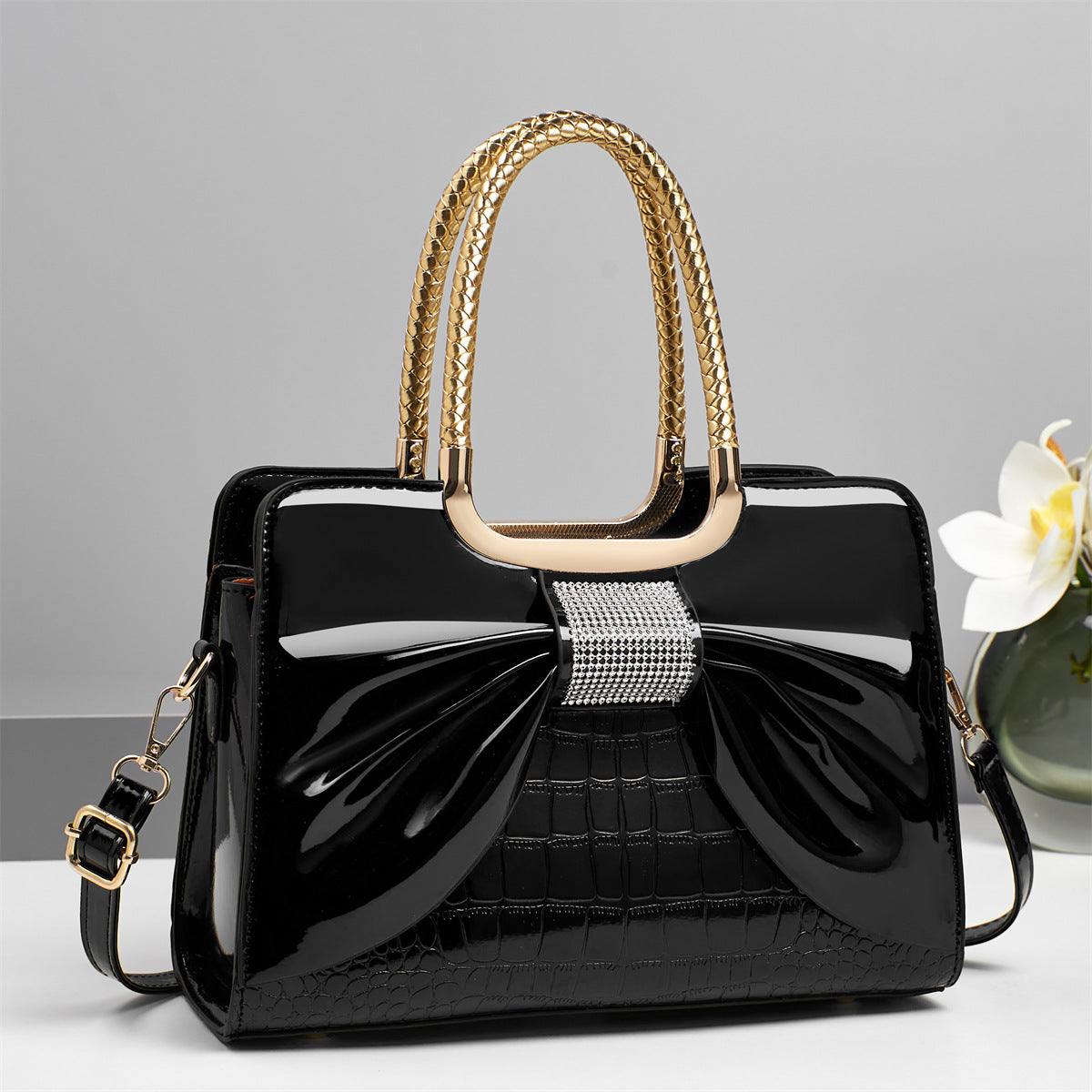 Rhinestone Bow Patent Top Handle Bag - Black